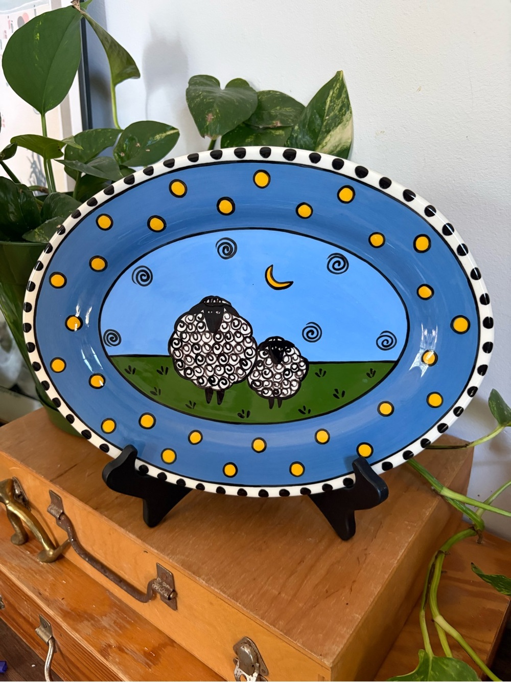 Vintage Ceramic Catfish Moon Serving Plate With Sheep Design